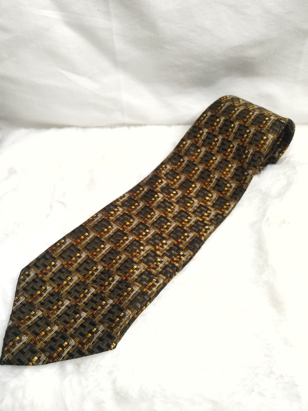 Ermenegildo Zegna Textured Brown Geometric Men's Silk Tie with Gold Accents